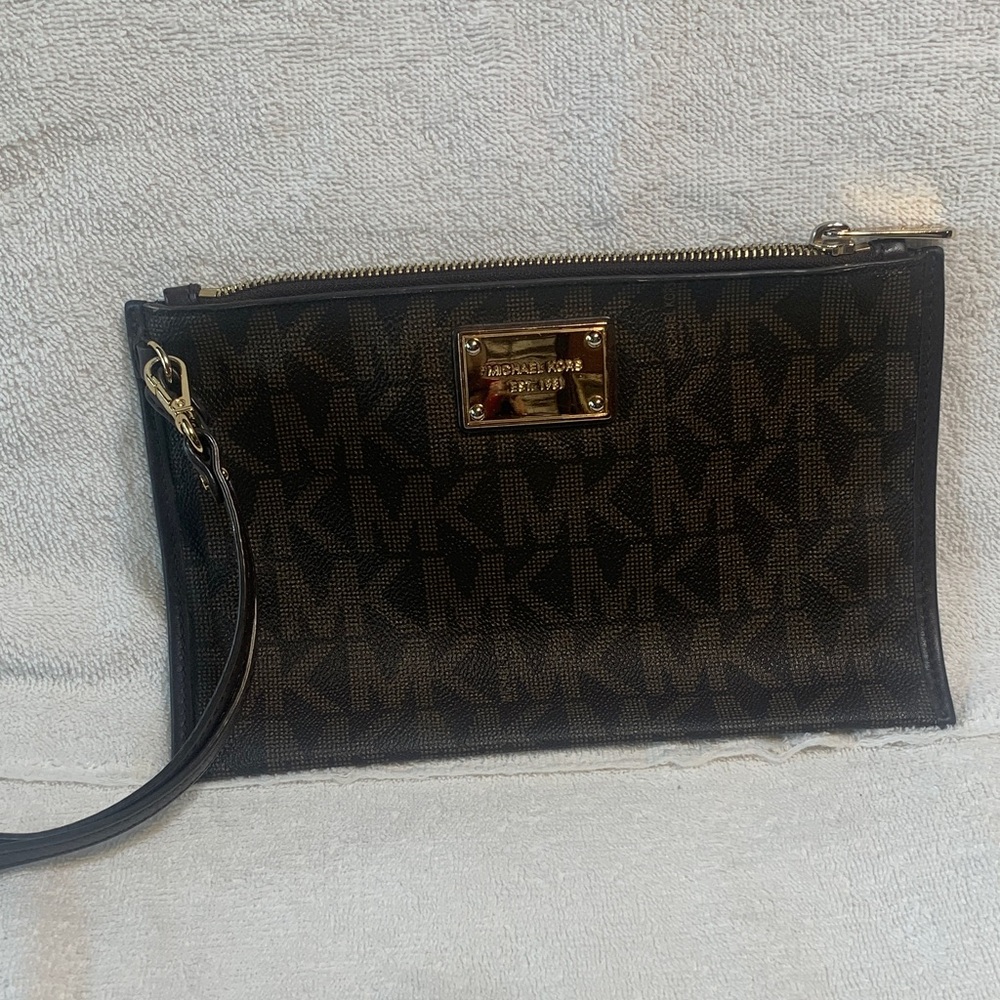 Michael Kors Brown/Black Logo Wristlet with Gold Plate